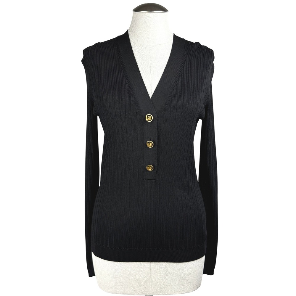 St John Women's‎ Black Knit Ribbed V Neck Size Medium Top Sweater Gold Buttons